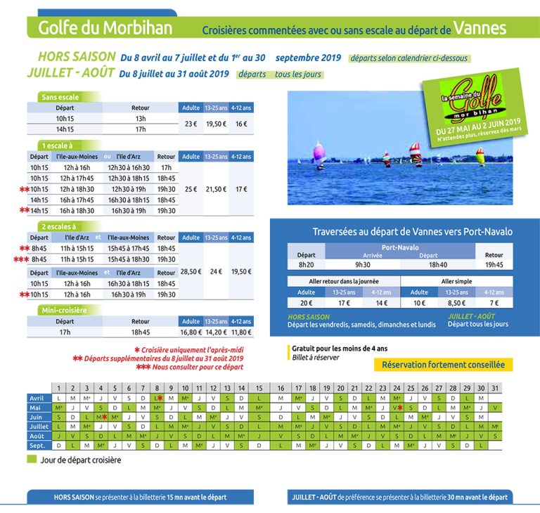 horaires bateau Golfe du Morbihan Compagnie du Golfe